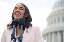 US Representative Alexandria Ocasio-Cortez, Democrat of New York, attends a press conference about a...