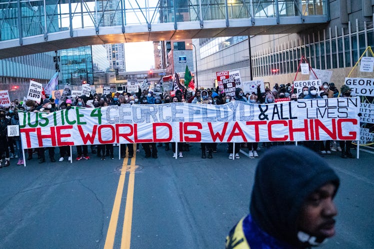 MINNEAPOLIS, MN - APRIL 19: Protesters march around downtown Minneapolis near the courthouse calling...