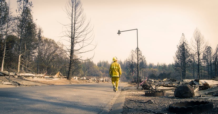 Alone on an empty street, one firefighter surveys the damage in a neighborhood where every home burn...