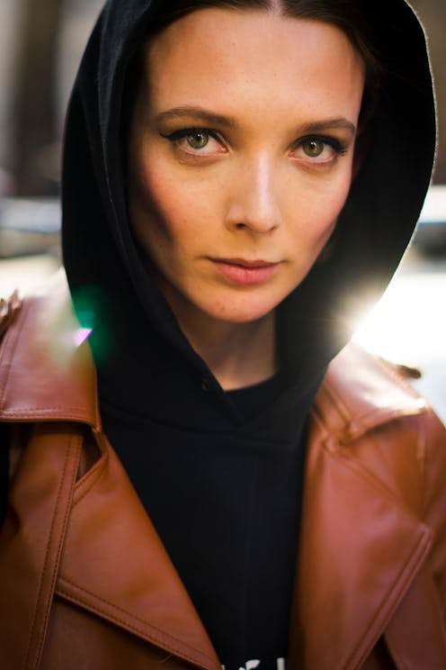 Model street style and makeup and brow close up photo