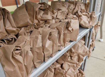 Muhlenberg twp., PA - September 10: A rack with bags containing grab and go breakfasts and lunches. ...