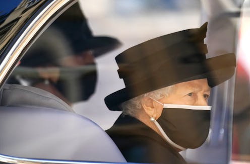 WINDSOR, ENGLAND - APRIL 17: Queen Elizabeth II arrives for the funeral of Prince Philip, Duke of Ed...