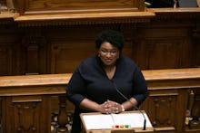 ATLANTA, GA - DECEMBER 14: Presiding officer Stacey Abrams talks to Georgia Democratic Electors gath...