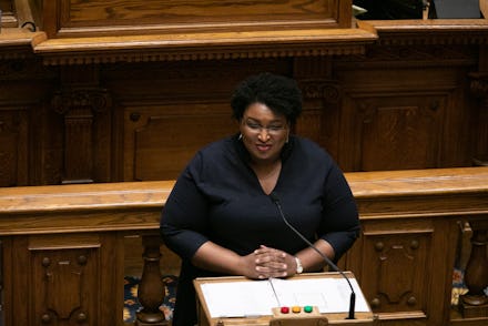 ATLANTA, GA - DECEMBER 14: Presiding officer Stacey Abrams talks to Georgia Democratic Electors gath...