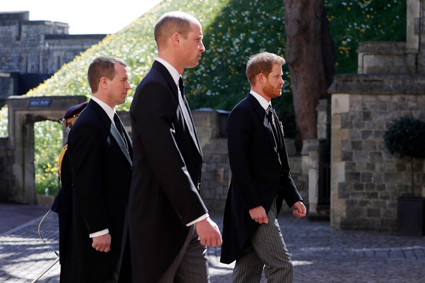 WINDSOR, ENGLAND - APRIL 17: Peter Phillips, Prince William, Duke of Cambridge and  Prince Harry, Du...