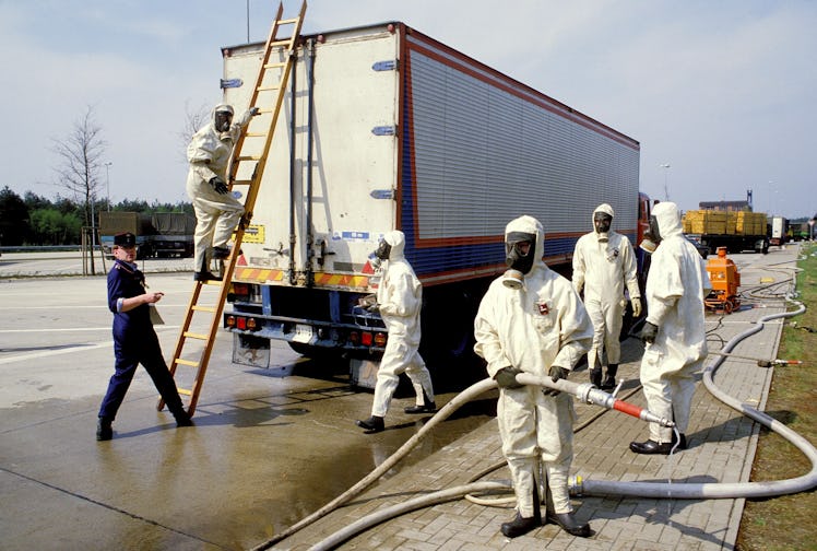 GERMANY- MAY:  West German customs officials closely screening goods, cars and people coming in from...