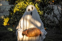 A portrait of a 40 year old woman dressed as a ghost in a white sheet standing outside in the garden...