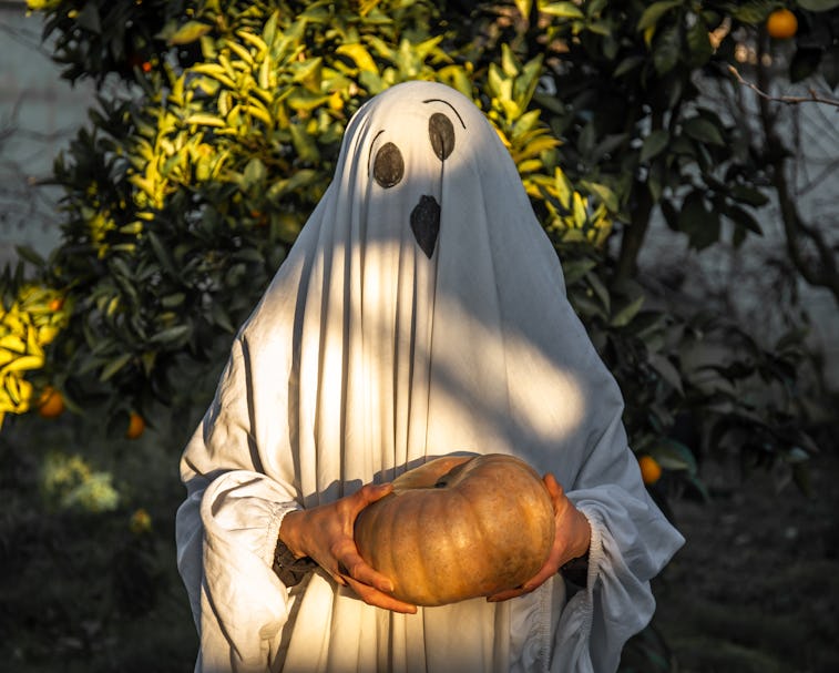 A portrait of a 40 year old woman dressed as a ghost in a white sheet standing outside in the garden...