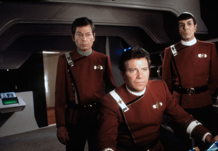 American actors DeForest Kelley, Leonard Nimoy and Canadian William Shatner on the set of Star Trek:...