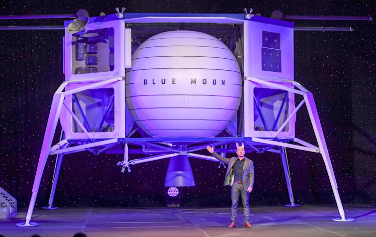 Jeff Bezos standing in front of Blue Origin’s lunar lander "Blue Moon."