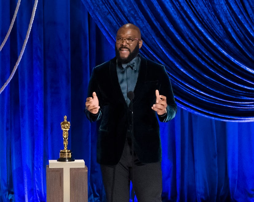 In this handout photo provided by A.M.P.A.S., honoree Tyler Perry accepts the Jean Hersholt Humanita...