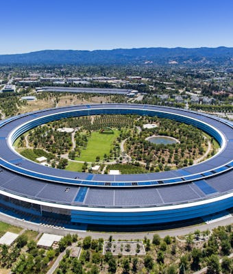 Aerial shot of Apple Park. Cupertino, California, US. August 2019. Drone shot of the Apple Park. The...