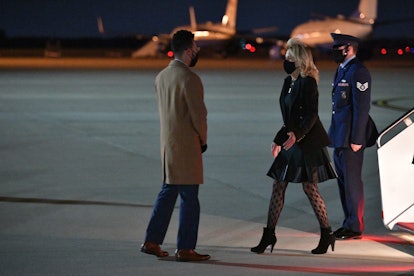 US First Lady Jill Biden deplanes upon arrival at Andrews Air Force Base in Maryland on April 1, 202...