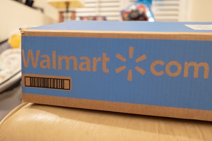 Box with logo for Walmart online ordering and delivery, San Ramon, California, May 12, 2020. (Photo ...