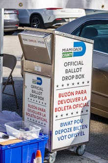 Miami Beach, early voting Miami-Dade County official ballot drop box. (Photo by: Jeffrey Greenberg/E...