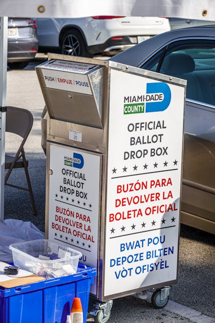 Miami Beach, early voting Miami-Dade County official ballot drop box. (Photo by: Jeffrey Greenberg/E...