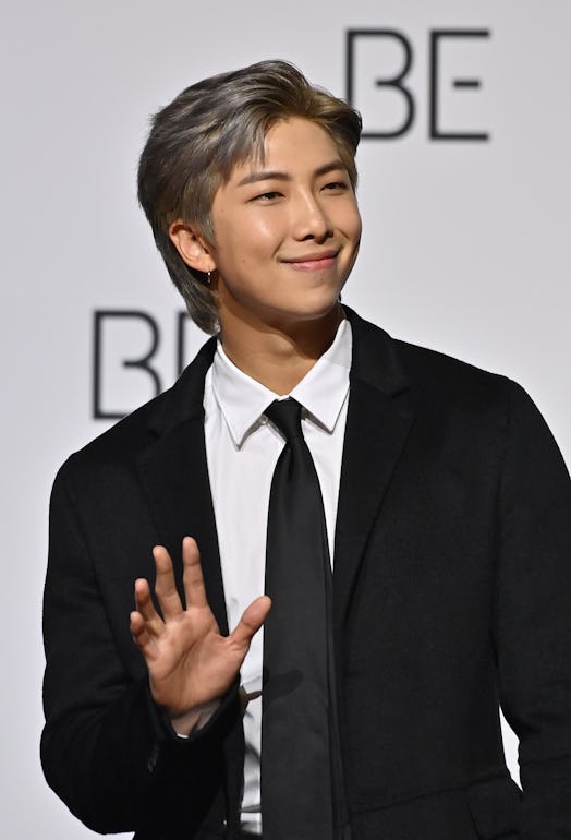 South Korean K-pop boy band BTS member RM poses for a photo session during a press conference on BTS...