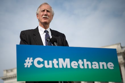 UNITED STATES - April 28: Sen. Angus King, I-Maine, speaks during a news conference about the Senate...