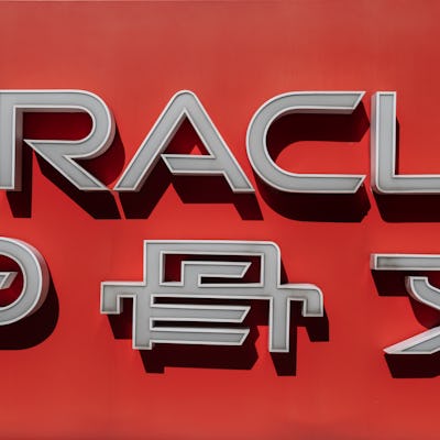 Oracle company signage is seen in front of the US-based technology company's office building in Beij...