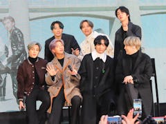 NEW YORK, NY - FEBRUARY 21: Jin, Suga, J-Hope, RM, Jimin, V and Jungkook of K-Pop band BTS are seen ...