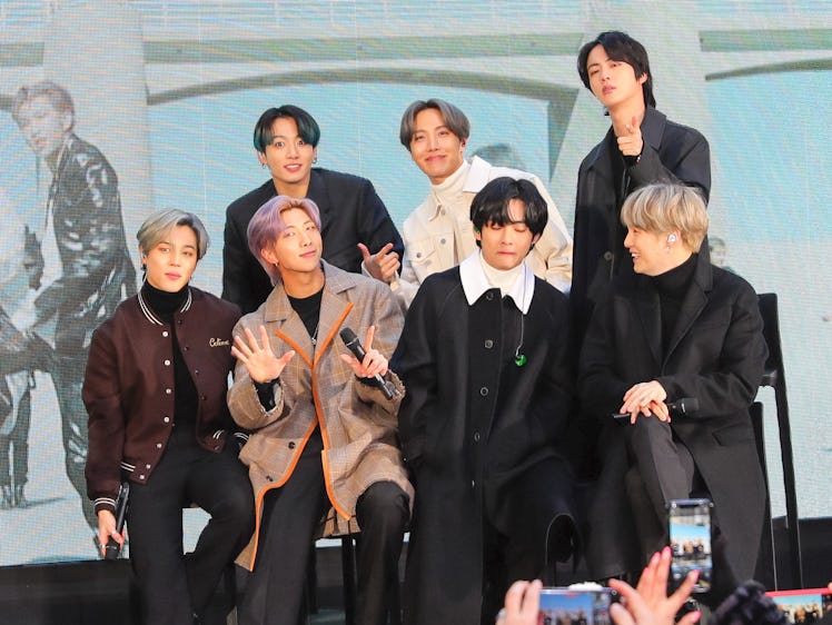 NEW YORK, NY - FEBRUARY 21: Jin, Suga, J-Hope, RM, Jimin, V and Jungkook of K-Pop band BTS are seen ...