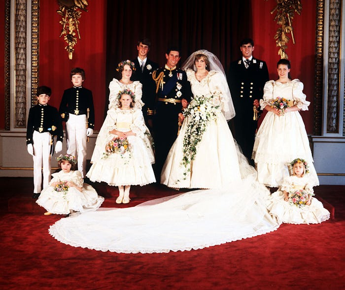 The Prince & Princess of Wales (c) and their young attendants. (Sitting L-R) Catherine Cameron & Cle...