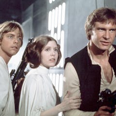 American actors Mark Hamill, Carrie Fisher and Harrison Ford on the set of Star Wars: Episode IV - A...