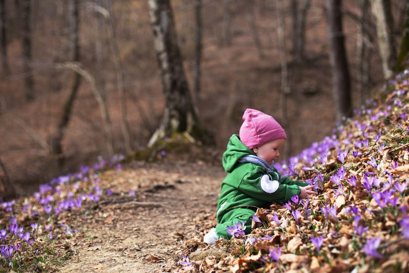 Baby amongst a field of purple flowers, in a story about Capricorn girl names.