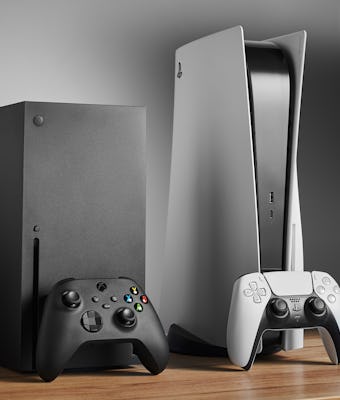 Living room with Microsoft Xbox Series X (L) and Sony PlayStation 5 home video game consoles alongsi...