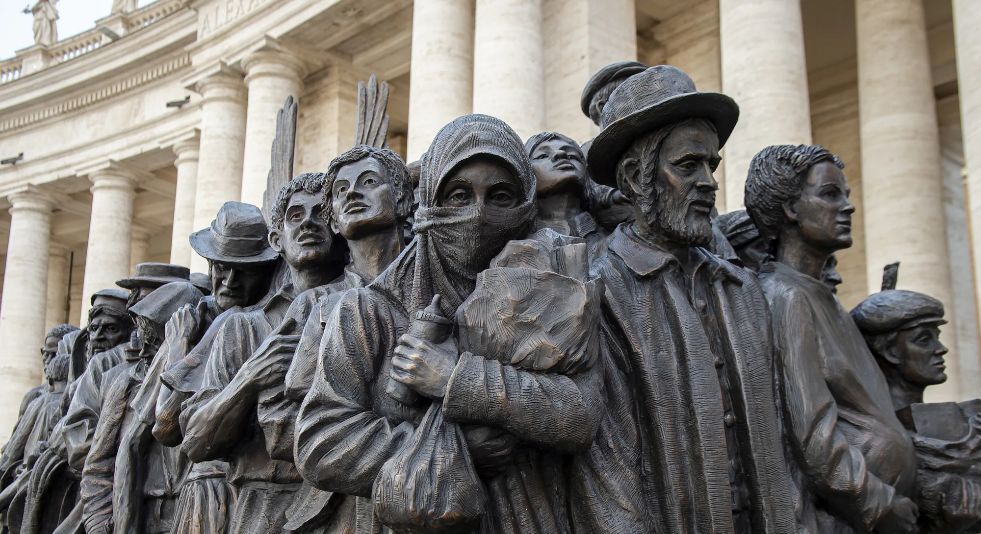 Close-up of a sculpture called 'Angels Unaware' by Canadian sculptor Timothy P. Schmalz depicting a group of 140 migrants of various cultures and from different historic times, following a mass for World Day of Migrants and Refugees at the Vatican. (Photo by: Godong/Universal Images Group via Getty Images)
