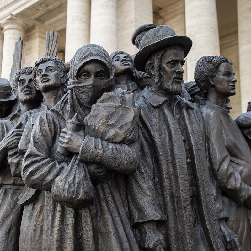 Close-up of a sculpture called 'Angels Unaware' by Canadian sculptor Timothy P. Schmalz depicting a ...