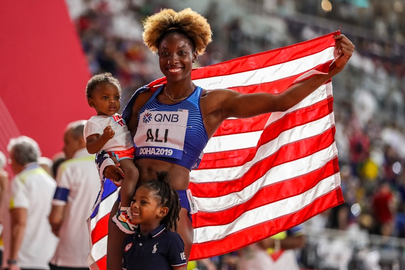 DOHA, QATAR - OCTOBER 06: Nia Ali of the United States celebrates winning gold in the Women's 100 me...