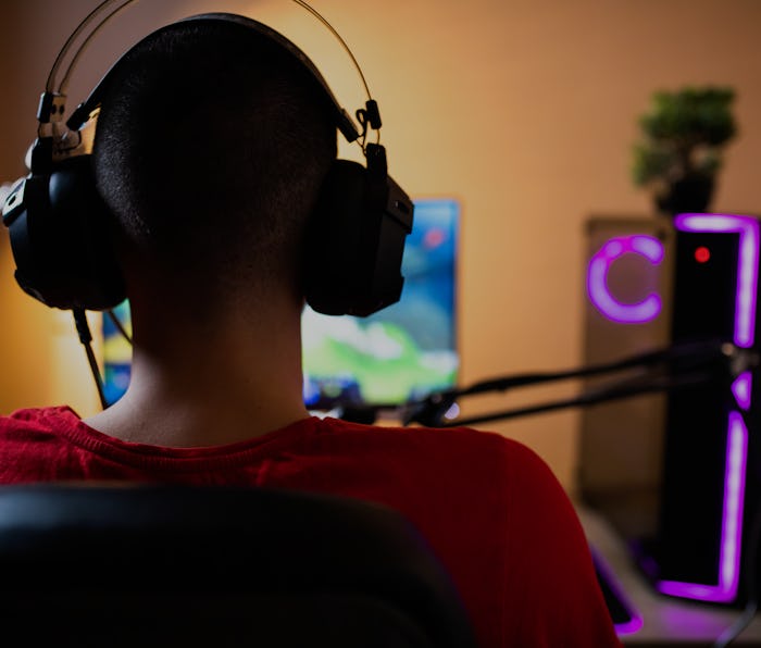 A young gamer is playing an online multiplayer game at his home, rear shot