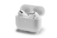 A pair of Apple AirPods Pro wireless headphones and charging case, taken on November 5, 2019. (Photo...