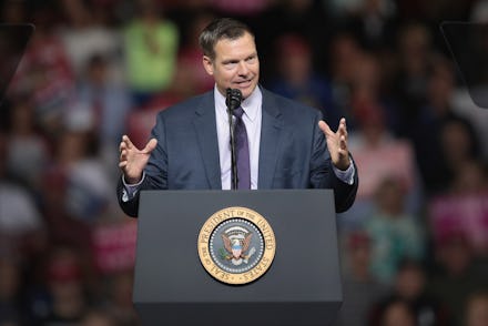 TOPEKA, KS - OCTOBER 06: Republican candidate for governor of Kansas Kris Kobach speaks at a rally ...