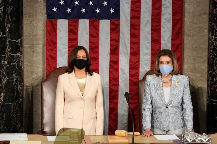 US Vice President Kamala Harris (L) and Speaker of the US House of Representatives Nancy Pelosi, Dem...