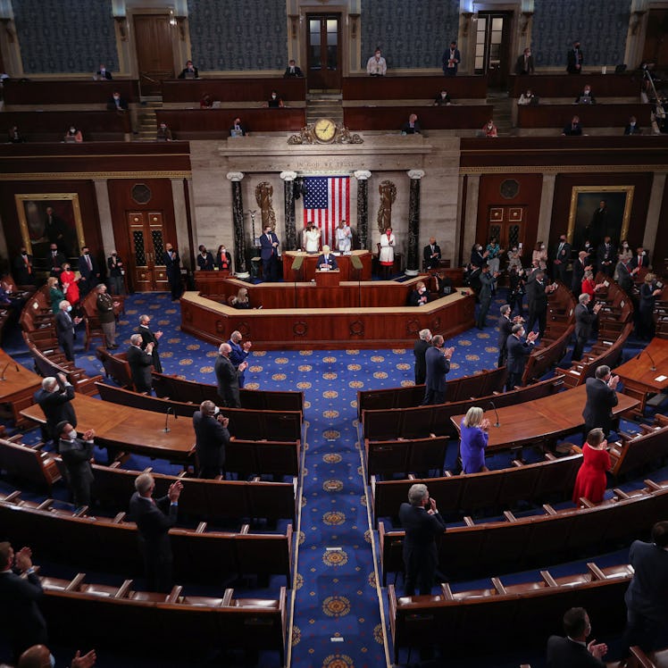 US President Joe Biden  addresses a joint session of Congress at the US Capitol in Washington, DC, o...