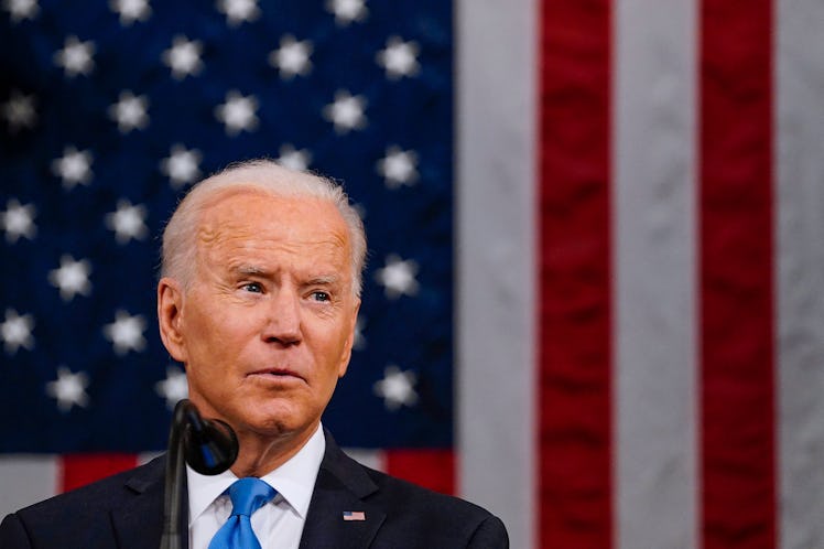 US President Joe Biden addresses a joint session of Congress at the US Capitol in Washington, DC, on...
