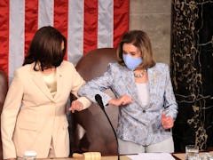 US Vice President Kamala Harris (L) greets House Speaker Nancy Pelosi (D-CA) ahead of US President J...