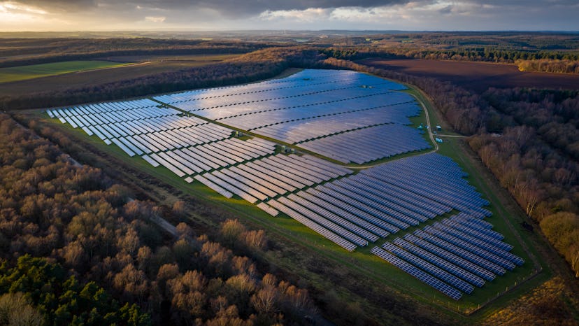 Aerial shot of large scale solar power generation. (Photo by: Mark Lees/Loop Images/Universal Images...