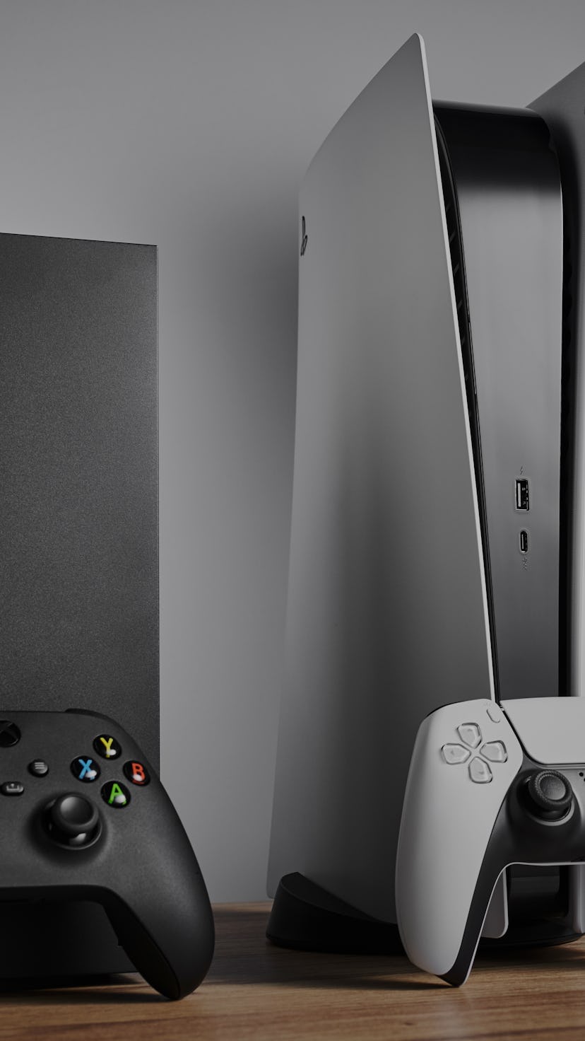Living room with Microsoft Xbox Series X (L) and Sony PlayStation 5 home video game consoles alongsi...
