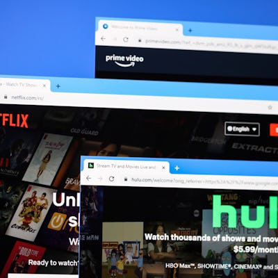 Websites of most popular online video streaming platforms in the world - Netflix, Hulu, Amazon Prime