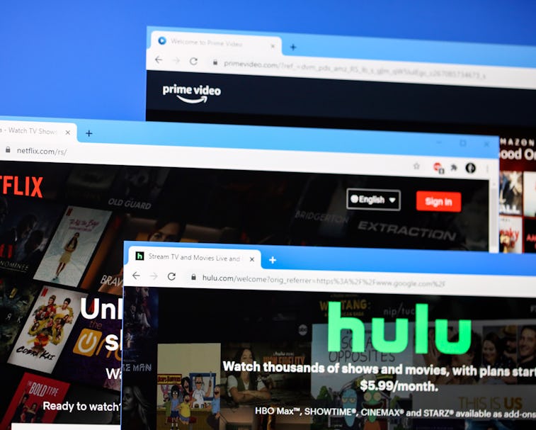 Websites of most popular online video streaming platforms in the world - Netflix, Hulu, Amazon Prime