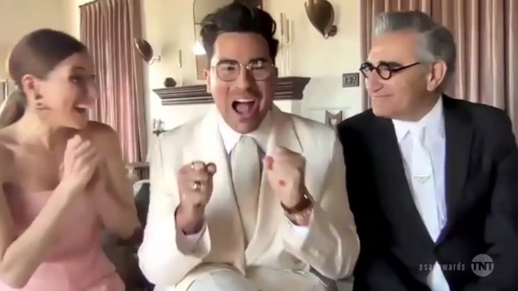 VARIOUS CITIES - APRIL 04: (L-R) In this screengrab released on April 4, 2021, Sarah Levy, Dan Levy,...