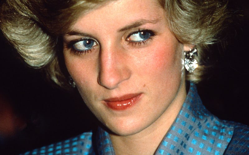 MILAN, ITALY - APRIL 22: Diana, Princess of Wales, wearing a blue suit designed by Bruce Oldfield an...