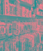 Horizontal color image of a sex shop with various products on the walls in London, United Kingdom. T...