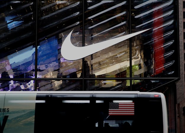 NEW YORK, NEW YORK - FEBRUARY 22: The Nike logo is seen on the Nike store on February 22, 2021 in Ne...
