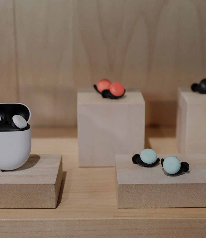 NEW YORK, NY - OCTOBER 15: New Google Pixel Buds ear pods are displayed during a Google launch event...