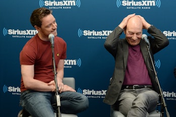 NEW YORK, NY - MAY 21: Actors James McAvoy (L) and Sir Patrick Stewart of X-MEN: DAYS OF FUTURE PAST participate in the SiriusXM Town Hall at the SiriusXM Studios on May 21, 2014 in New York City. (Photo by Dimitrios Kambouris/Getty Images for SiriusXM)