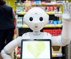 08 April 2020, Schleswig-Holstein, Ahrensburg: A robot called "Pepper" is standing in front of the c...